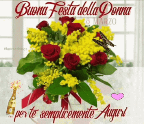 A Bouquet Of Yellow And Red Flowers With The Words Buona Festa Della Donna Per Te Semplicemente Auguri GIF