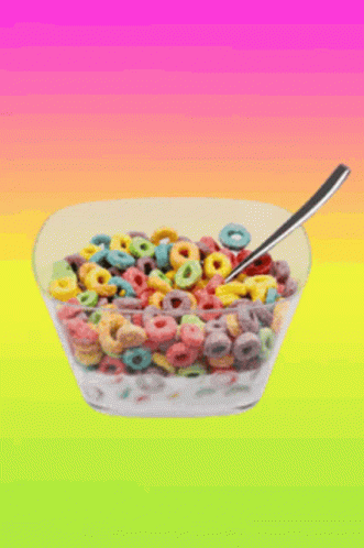 a bowl of cereal with a spoon in it on a rainbow background