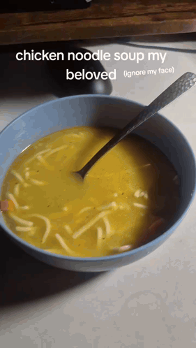 A Bowl Of Chicken Noodle Soup With A Spoon GIF