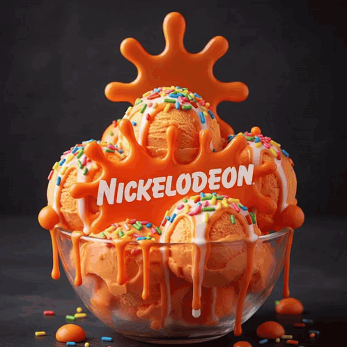 A Bowl Of Nickelodeon Ice Cream With Sprinkles And Orange Sauce GIF