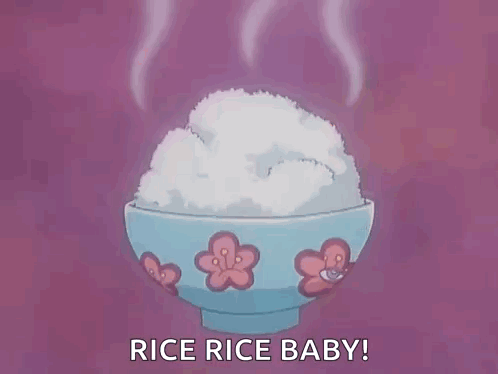 A Bowl Of Rice With Flowers On It Is On A Pink Background . GIF
