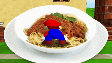 A Bowl Of Spaghetti With A 3D Mario On Top GIF