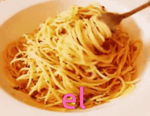 A Bowl Of Spaghetti With The Word El In Pink GIF