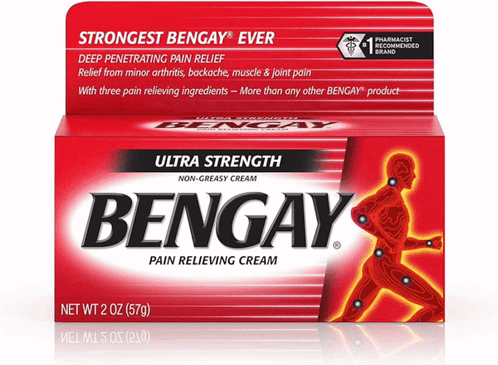 A Box Of Bengay Pain Relieving Cream With A Picture Of A Man GIF