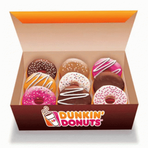 A Box Of Dunkin ' Donuts With A Cup Of Coffee On It GIF