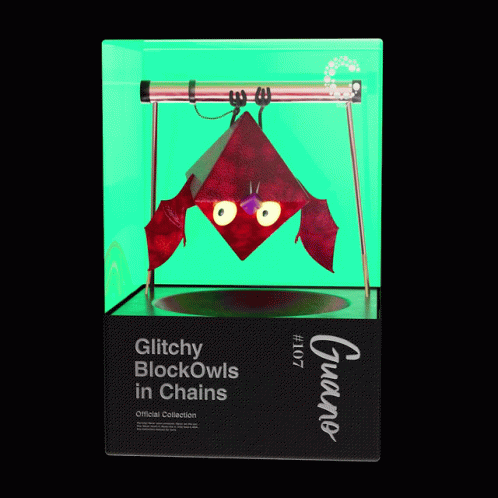 A Box Of Glitchy Blockowls In Chains Official Collection # 107 GIF