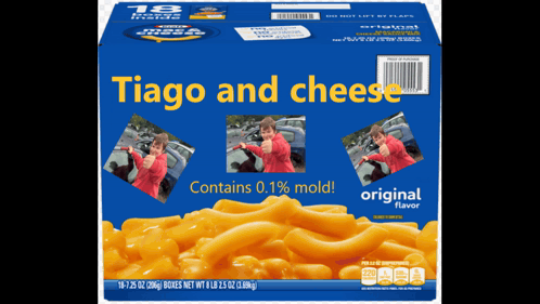 A Box Of Macaroni And Cheese With The Words Tiago And Cheese On It GIF
