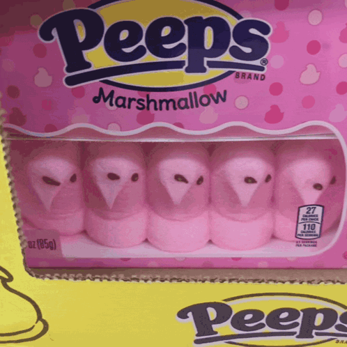A Box Of Pink Peeps Marshmallows That Look Like Owls GIF