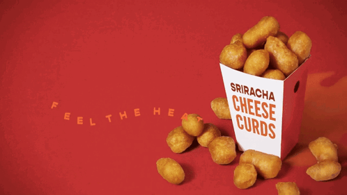 A Box Of Sriracha Cheese Curds Is On A Red Background GIF