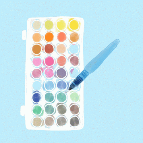 A Box Of Watercolors And A Brush On A Light Blue Background GIF