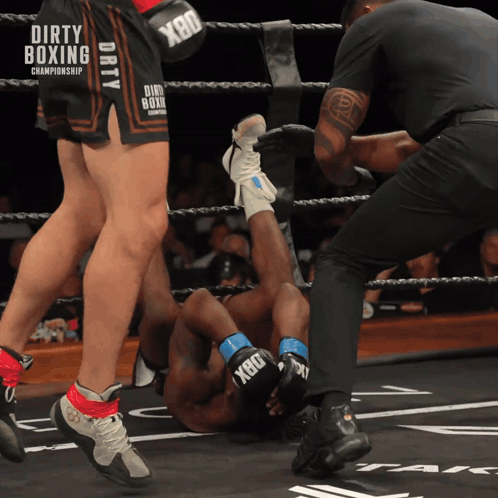 A Boxer Wearing Dirty Boxing Championship Shorts Is Laying On The Ground GIF