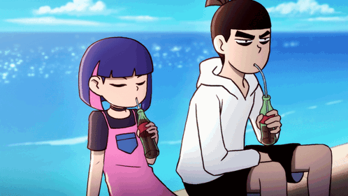 A Boy And A Girl Are Drinking Soda From Bottles With Straws GIF