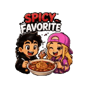 a boy and a girl are eating a bowl of soup with the words spicy favorite behind them