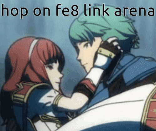 A Boy And A Girl Are Hugging Each Other With The Words Hop On Fe8 Link Arena Below Them GIF