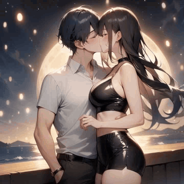 A Boy And A Girl Are Kissing In Front Of A Full Moon . GIF