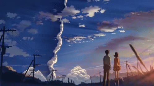 A Boy And A Girl Are Looking At A Cloud In The Sky GIF