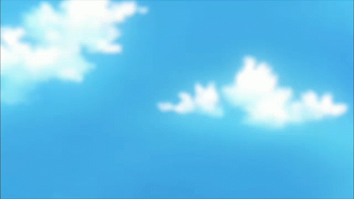 A Boy And A Girl Are Looking At Each Other Against A Blue Sky With Clouds GIF