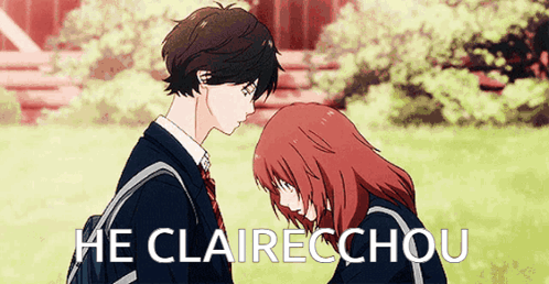 A Boy And A Girl Are Looking At Each Other With The Words He Clairechou Written Above Them GIF