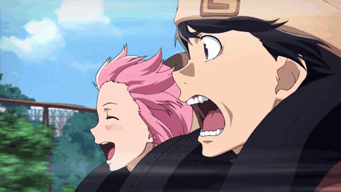 A Boy And A Girl Are Riding A Roller Coaster And The Girl Has Pink Hair GIF