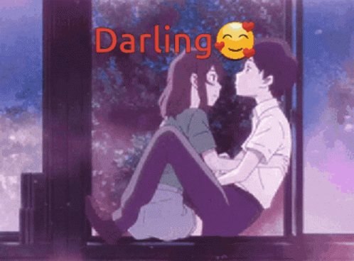 A Boy And A Girl Are Sitting Next To Each Other And The Word Darling Is Written Above Them GIF