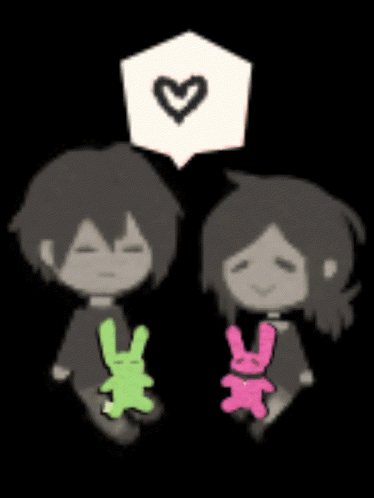 A Boy And A Girl Are Sitting Next To Each Other Holding Stuffed Animals With A Heart In A Speech Bubble Above Them GIF
