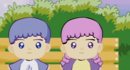 A Boy And A Girl Are Sitting Next To Each Other On A Bench In A Cartoon GIF