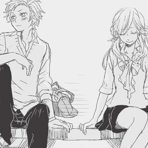 A Boy And A Girl Are Sitting Next To Each Other With Speech Bubbles With Hearts On Them GIF