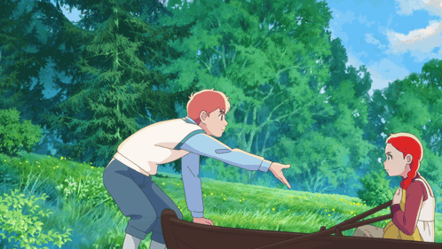 A Boy And A Girl Are Standing In A Boat And The Boy Is Pointing At The Girl GIF