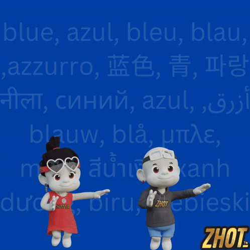 A Boy And A Girl Are Standing In Front Of A Blue Background That Says Blue Azul Bleu GIF