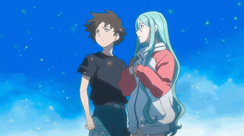 A Boy And A Girl Are Standing In Front Of A Blue Sky With Stars GIF