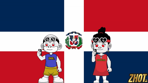 A Boy And A Girl Are Standing In Front Of A Dominican Flag And Their Shirts Say Zhot GIF