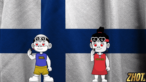 A Boy And A Girl Are Standing In Front Of A Finland Flag And The Girl Is Wearing A Shirt That Says Zhot GIF