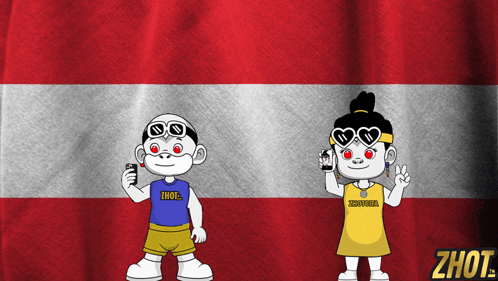 A Boy And A Girl Are Standing In Front Of A Flag And The Girl Is Wearing A Shirt That Says Zhot GIF