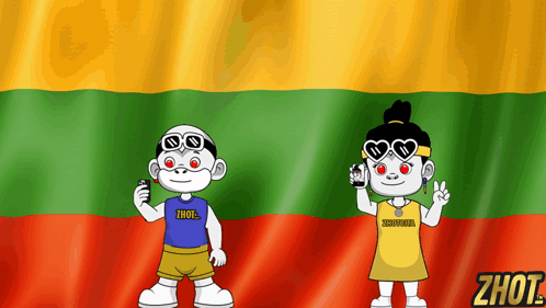 A Boy And A Girl Are Standing In Front Of A Flag That Says ' Zhot ' On The Bottom GIF