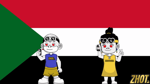 A Boy And A Girl Are Standing In Front Of A Flag With The Word Zhou On The Bottom GIF