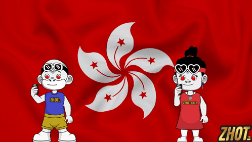 A Boy And A Girl Are Standing In Front Of A Hong Kong Flag And The Girl Is Wearing A Shirt That Says Zhot GIF