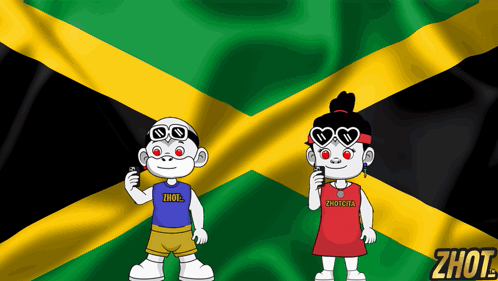 A Boy And A Girl Are Standing In Front Of A Jamaican Flag And The Girl Is Wearing A Shirt That Says Zhot GIF