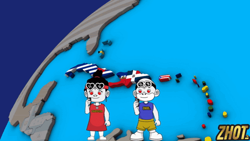 A Boy And A Girl Are Standing In Front Of A Map Of The World And The Word Zhot Is On The Bottom GIF