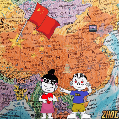 A Boy And A Girl Are Standing In Front Of A Map With Zhuo Written On It GIF