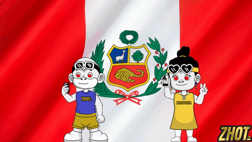 A Boy And A Girl Are Standing In Front Of A Peruvian Flag And The Girl Is Wearing A Shirt That Says Zhot GIF