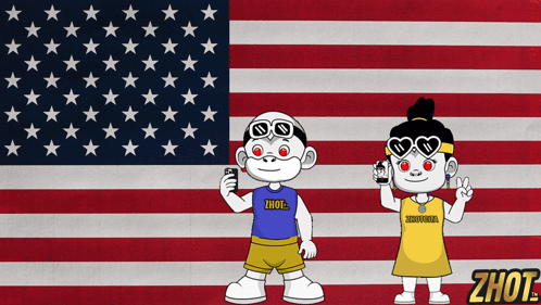 A Boy And A Girl Are Standing In Front Of An American Flag And The Girl Is Wearing A Shirt That Says Zhout GIF