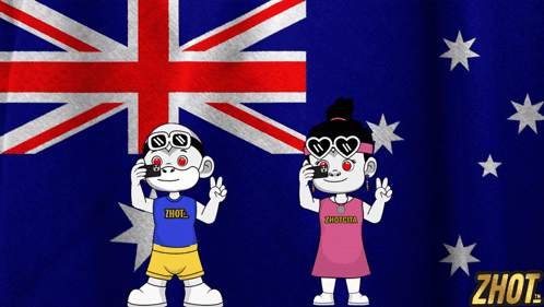 A Boy And A Girl Are Standing In Front Of An Australian Flag And The Girl Is Wearing A Shirt That Says Zhout GIF