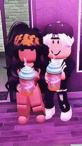 A Boy And A Girl Are Standing Next To Each Other And Holding Drinks GIF