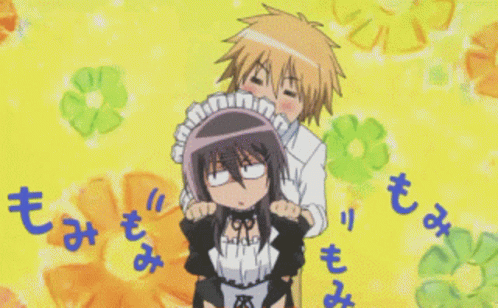 A Boy And A Girl Are Standing Next To Each Other And The Girl Has A Maid Hat On Her Head GIF