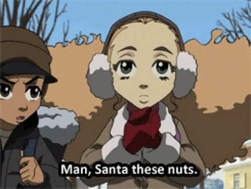 A Boy And A Girl Are Standing Next To Each Other And The Girl Is Saying " Man Santa These Nuts " GIF