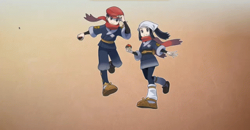 A Boy And A Girl Are Standing Next To Each Other Holding A Pokeball . GIF