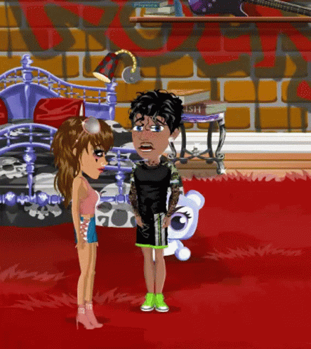 A Boy And A Girl Are Standing Next To Each Other In Front Of A Shelf With A Book Titled Physics GIF