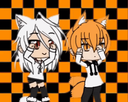 A Boy And A Girl Are Standing Next To Each Other On A Checkered Background GIF