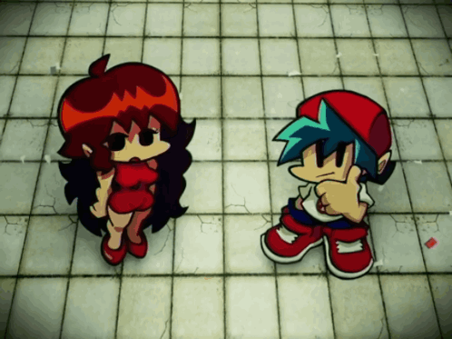 A Boy And A Girl Are Standing Next To Each Other On A Tile Floor GIF