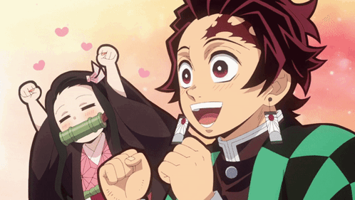 A Boy And A Girl Are Standing Next To Each Other With Hearts Flying Around Them GIF